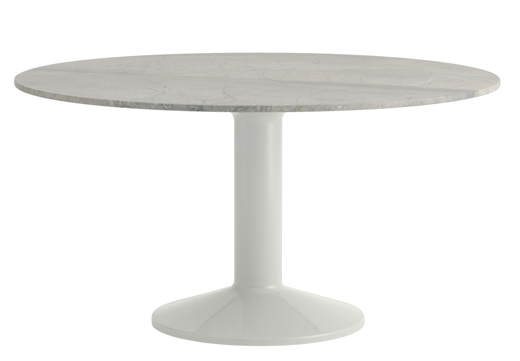 Muuto MIDST Table Esstisch mit runder Marmorplatte und weißem, trompetenförmigem Fuß für Esszimmer und Küche.