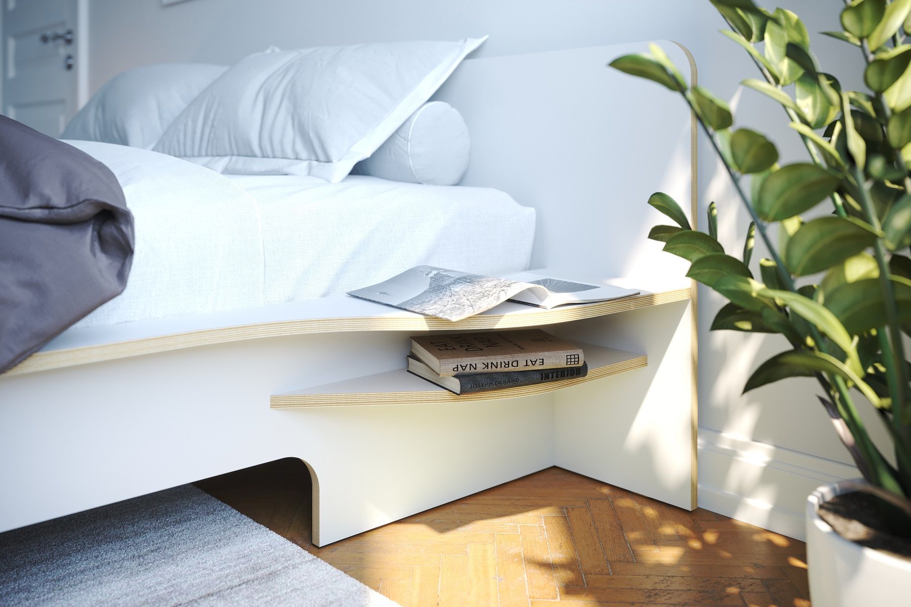 Modernes weißes Plane Doppelbett von Müller Möbelwerkstätten mit integriertem Nachttisch und Ablagefläche.