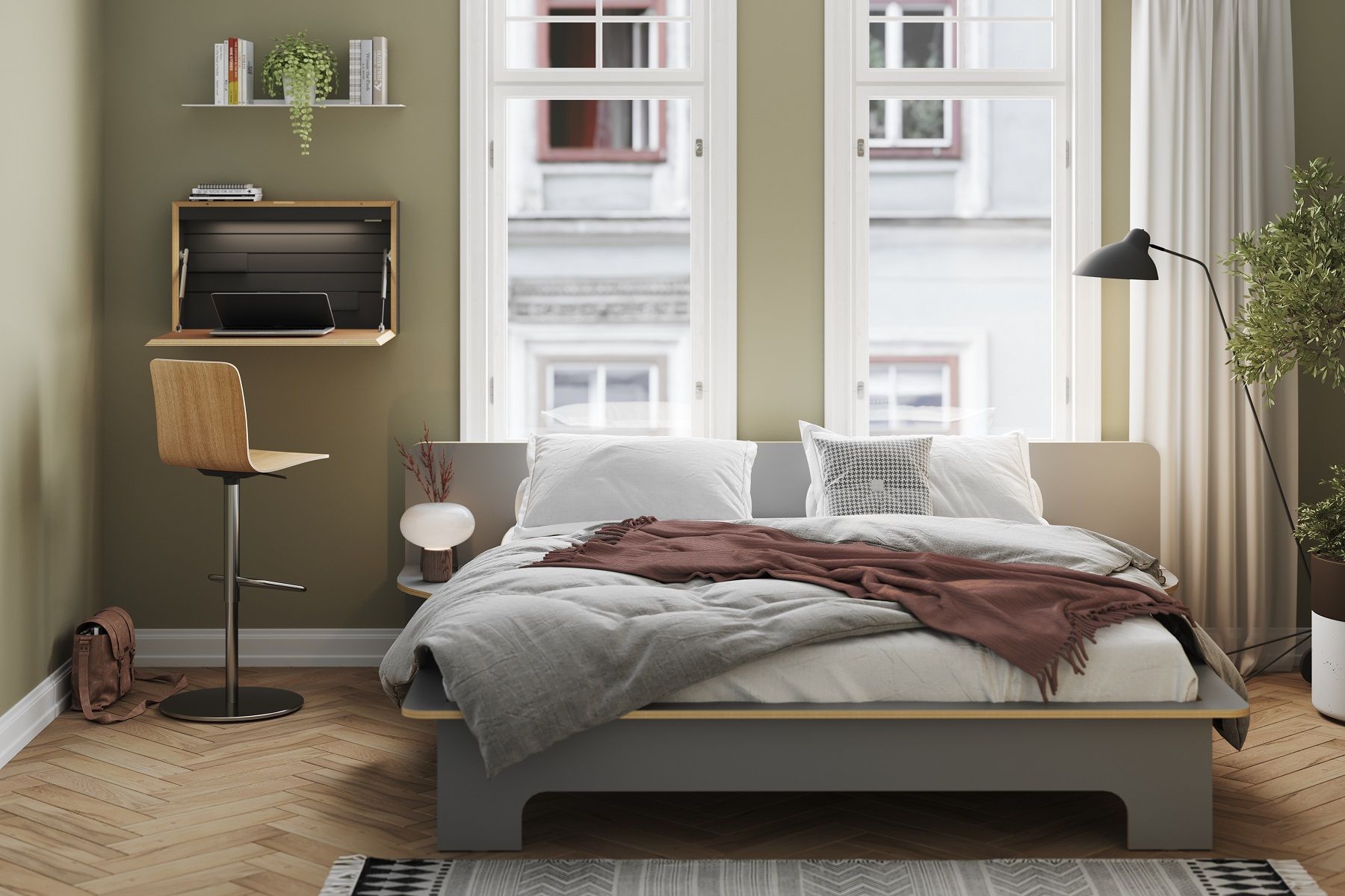 Modernes Schlafzimmer mit Flatbox Sekretär von Müller Möbelwerkstätten und passendem Barhocker.