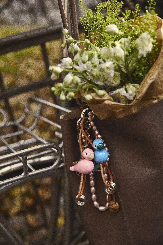 Bird blue key ring silver coloured metal with natural leather Kay Bojesen