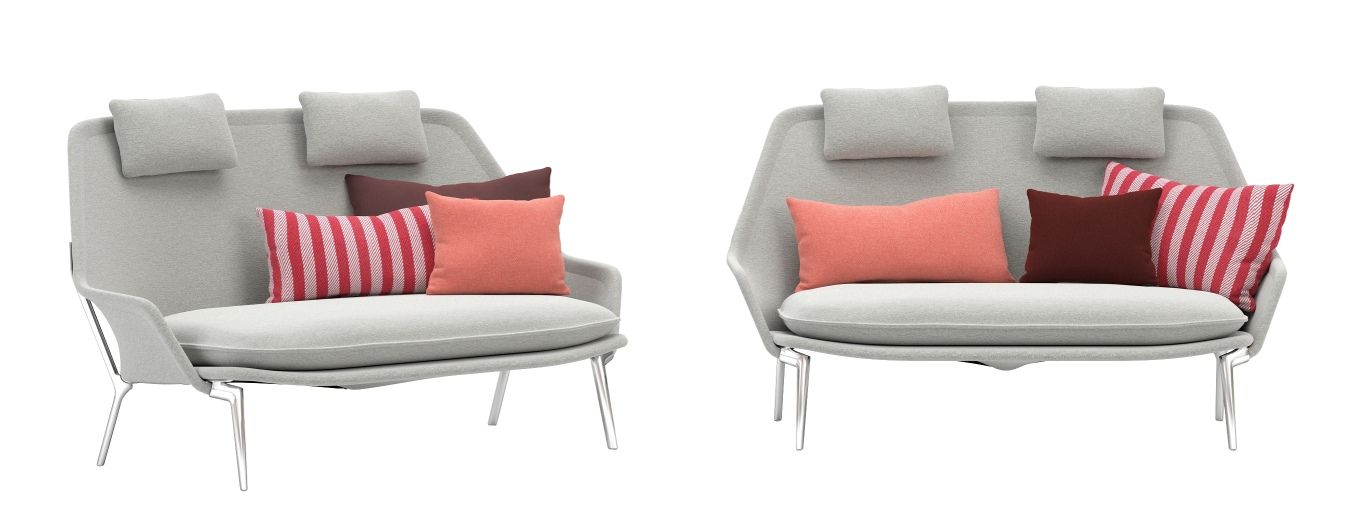 Vitra Slow Sofa aus Stoff, hellgrau, mit farbigen Kissen, modernes Design für Wohnzimmer und Lounge.