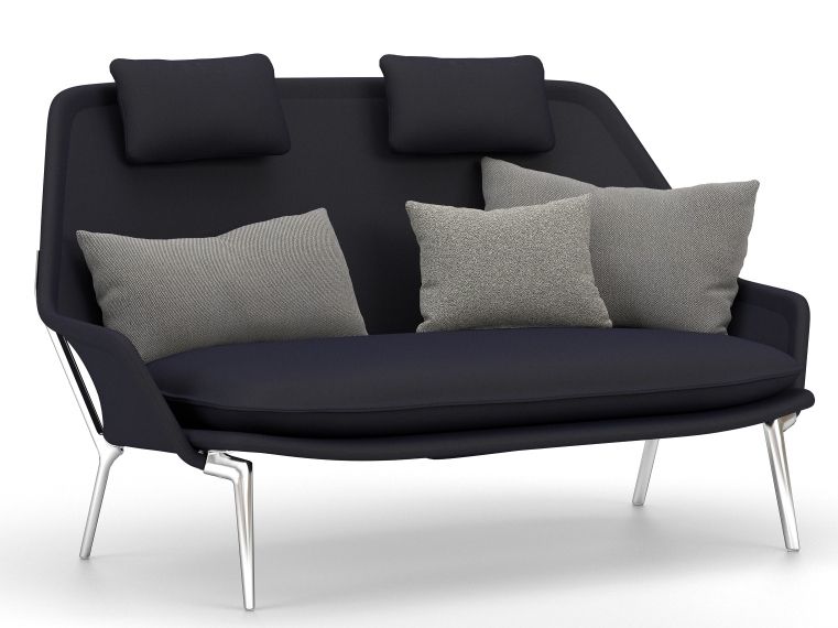 Vitra Slow Sofa aus Stoff in Dunkelblau mit grauen Kissen und Kopfstützen.