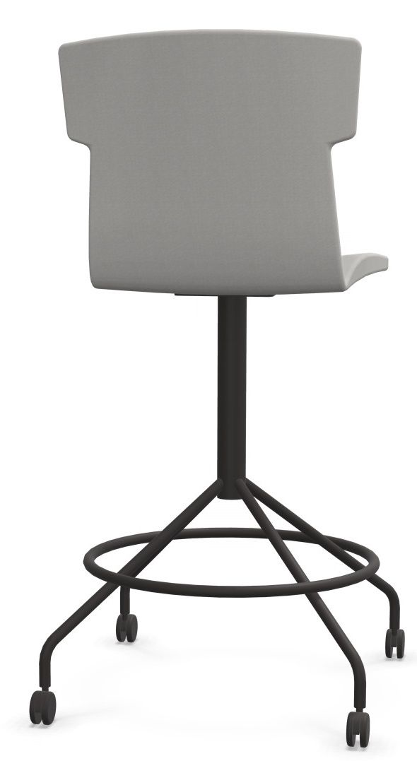 Grauer Co-Chair Bürodrehstuhl von Cascando mit schwarzem Fußkreuz und Rollen, Rückenansicht. Ergonomischer Arbeitsstuhl für Büro und Homeoffice.