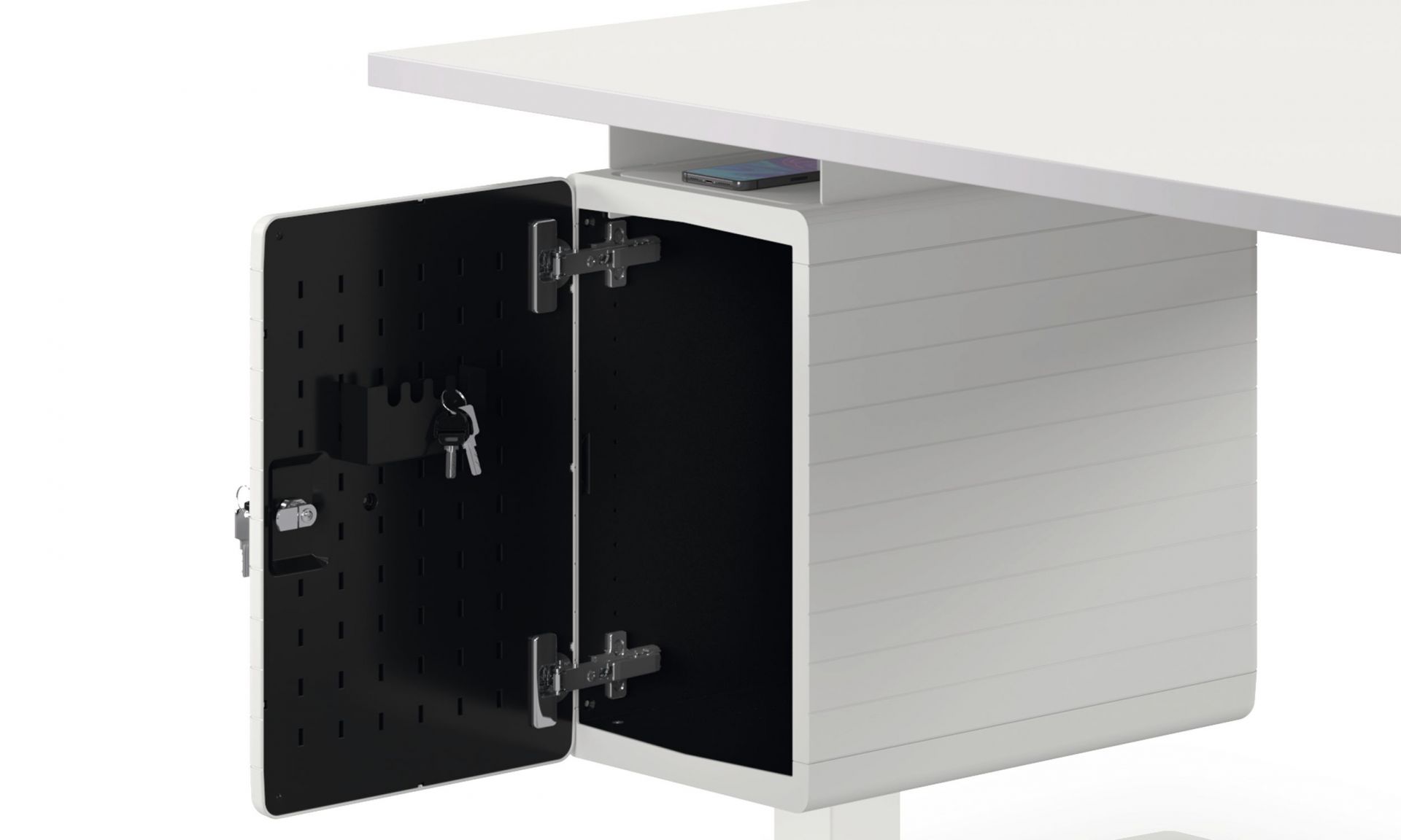 Personalbox Container von König und Neurath, weiß, mit geöffneter Tür und Schlüssel für Büroarbeitsplatz.