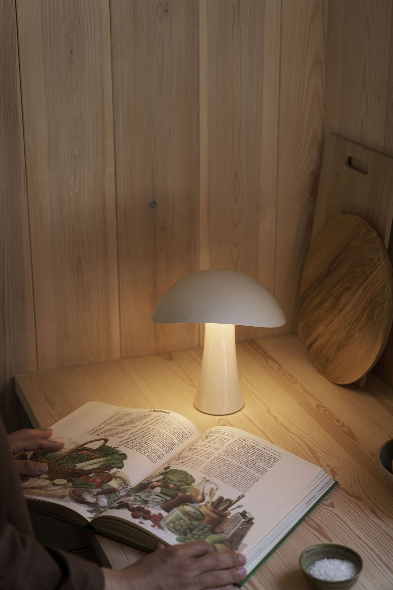 Nahaufnahme der Louis Poulsen Rumee Akkuleuchte, die ein Buch auf einem Holztisch beleuchtet.