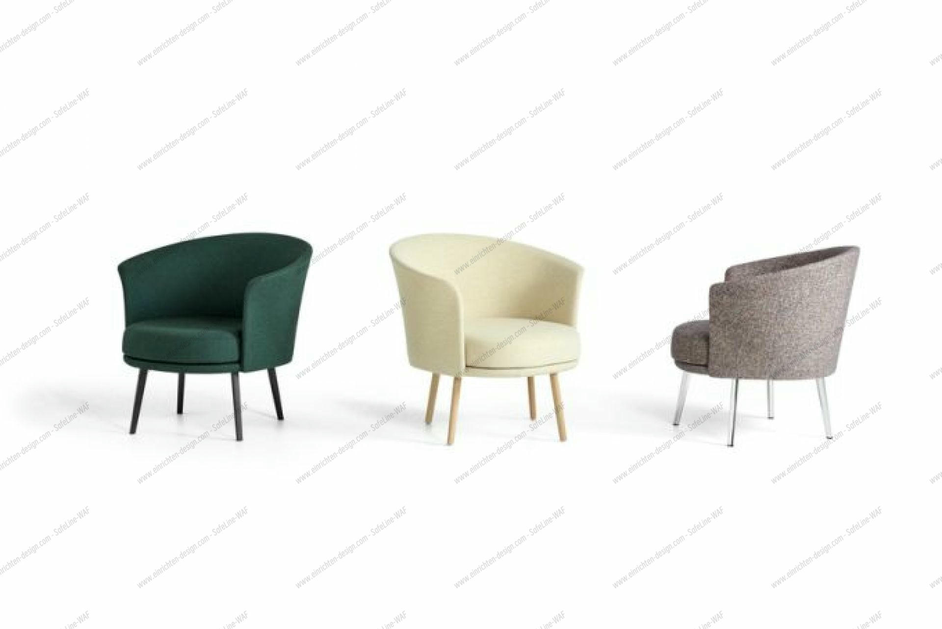Drei Olavi Loungesessel von Hay in Grün, Beige und Grau mit unterschiedlichen Beinen.