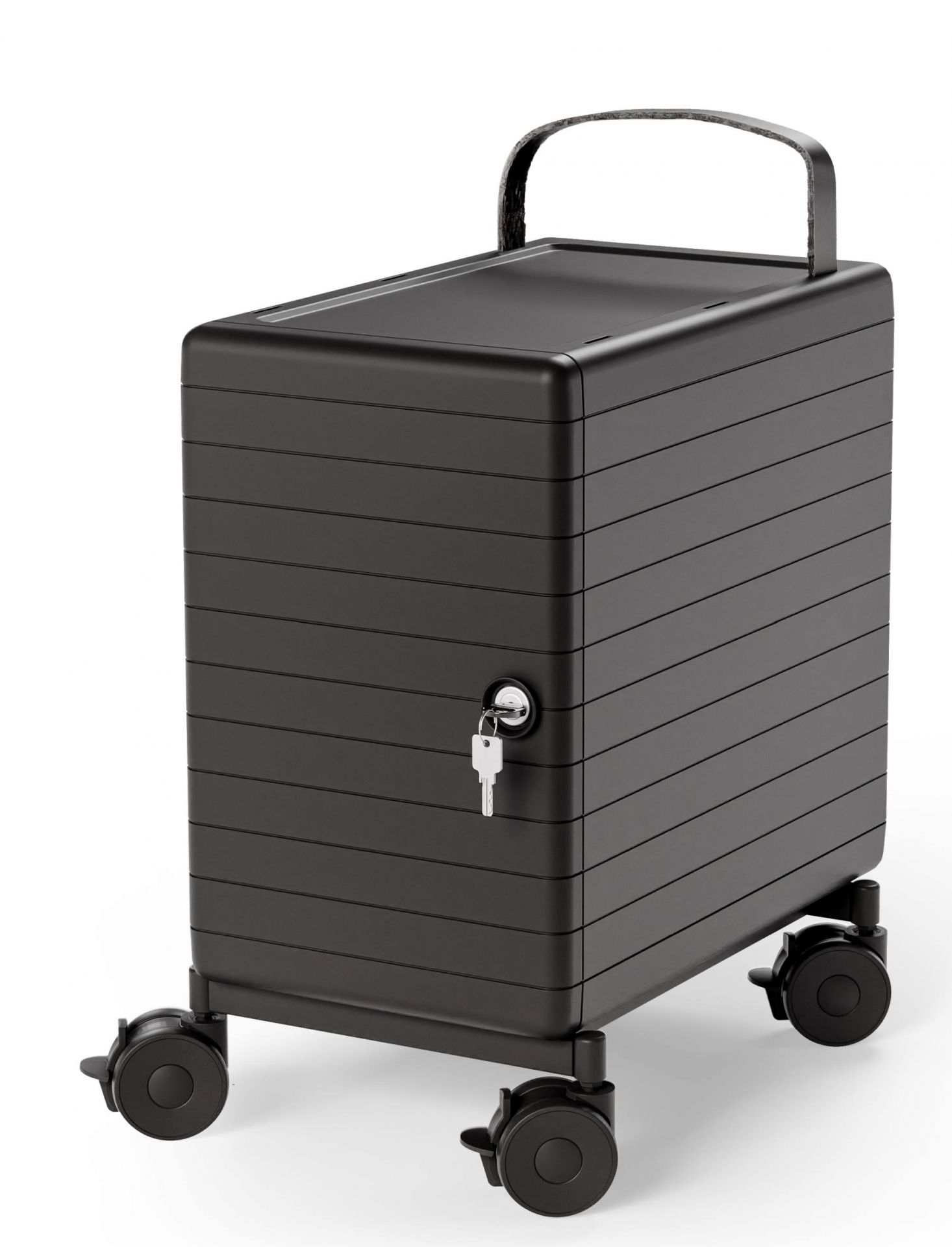 Schwarzer Personalbox Container von König und Neurath mit Rollen und Schlüssel für Büroorganisation.
