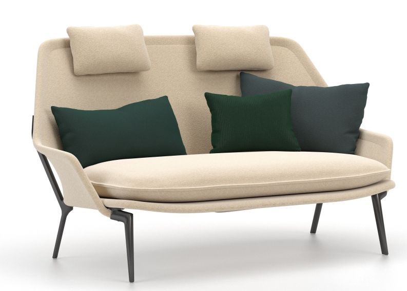 Beige Slow Sofa von Vitra mit grünen und grauen Kissen, modernes Stoffsofa für Wohnzimmer.