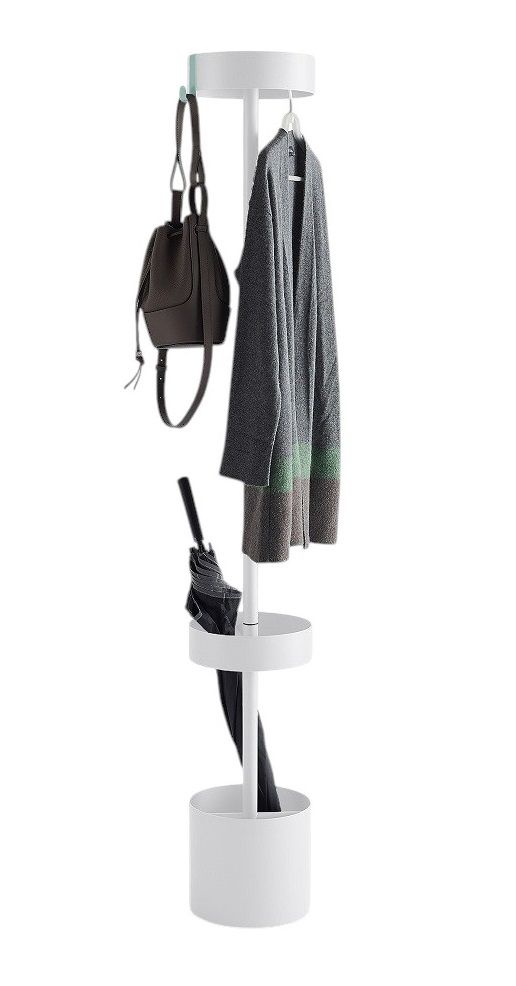 Oolo Garderobenständer Mox, weiße Design-Garderobe mit Tasche, Mantel und Regenschirm, moderne Flurmöbel für Ordnung.