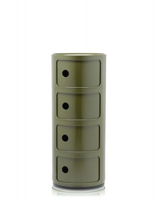 Grüner Kartell Componibili mit vier Elementen. Modularer Kunststoff Schrank mit runden Fächern.