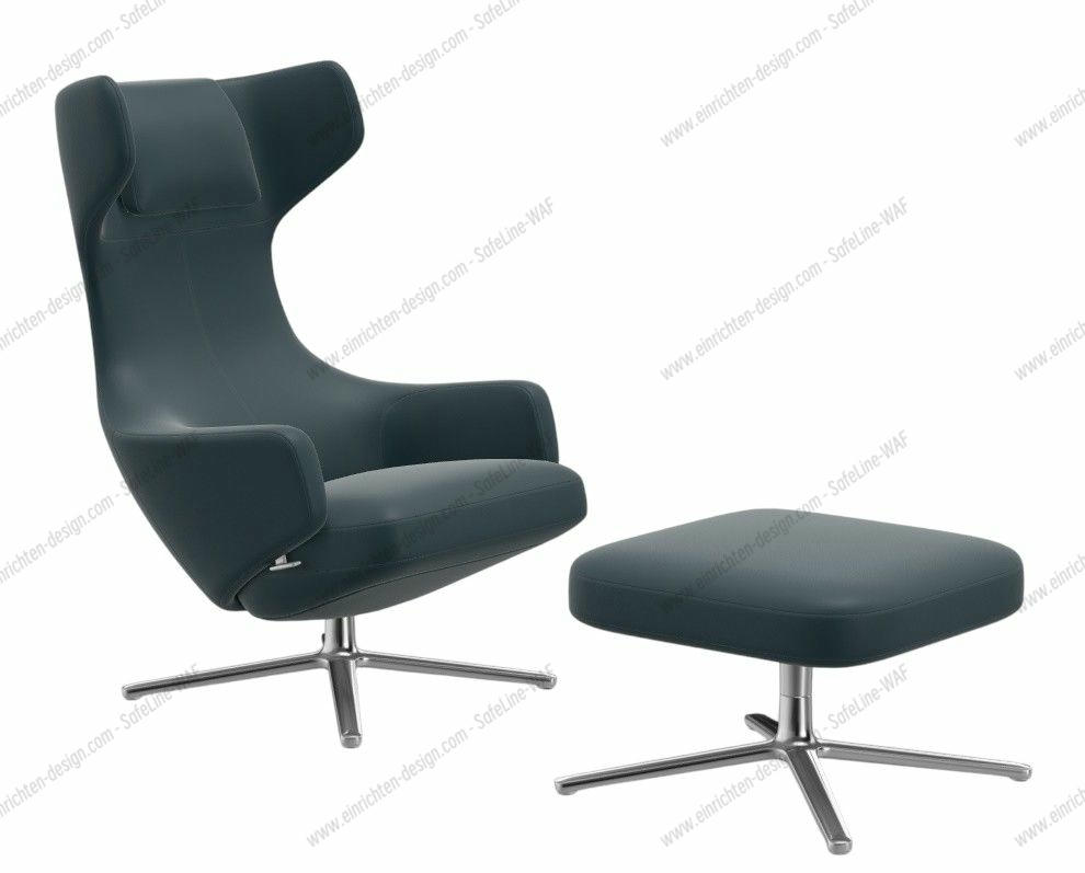 Grand Repos armchair + ottoman LOW / LEATHER PREMIUM WITH CONTRAST SEAM SMOKE BLUE Vitra SINGLE PIECES