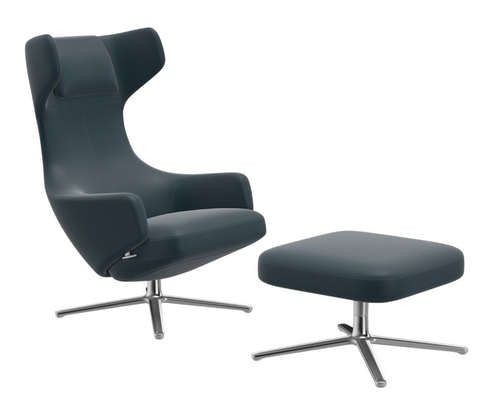 Grand Repos armchair + ottoman LOW / LEATHER PREMIUM WITH CONTRAST SEAM SMOKE BLUE Vitra SINGLE PIECES