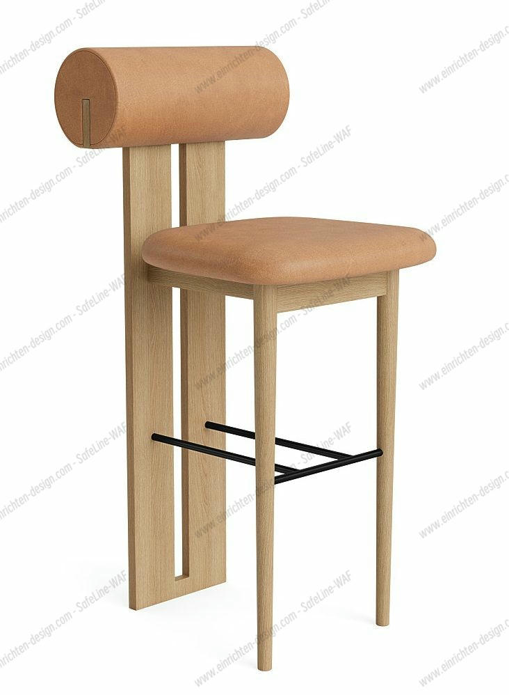 Hippo Barhocker: Moderner, niedriger Barstuhl aus Holz mit Lederbezug in Braun. NORR11 Design.