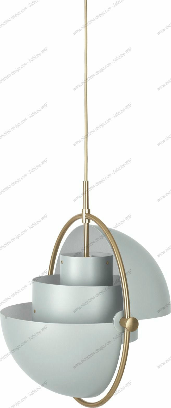 Gubi Multi-Lite Pendelleuchte in See Grau und Messing, moderne Hängelampe für Wohnräume.