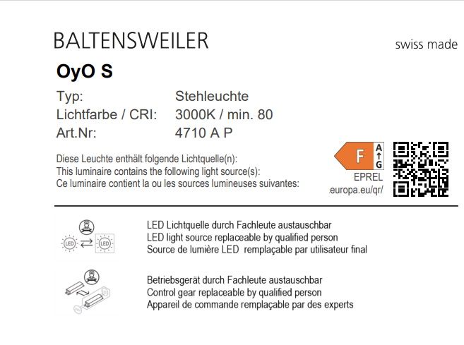 Produktdatenblatt der Baltensweiler OyO S Stehleuchte mit technischen Details und Energieeffizienzklasse.