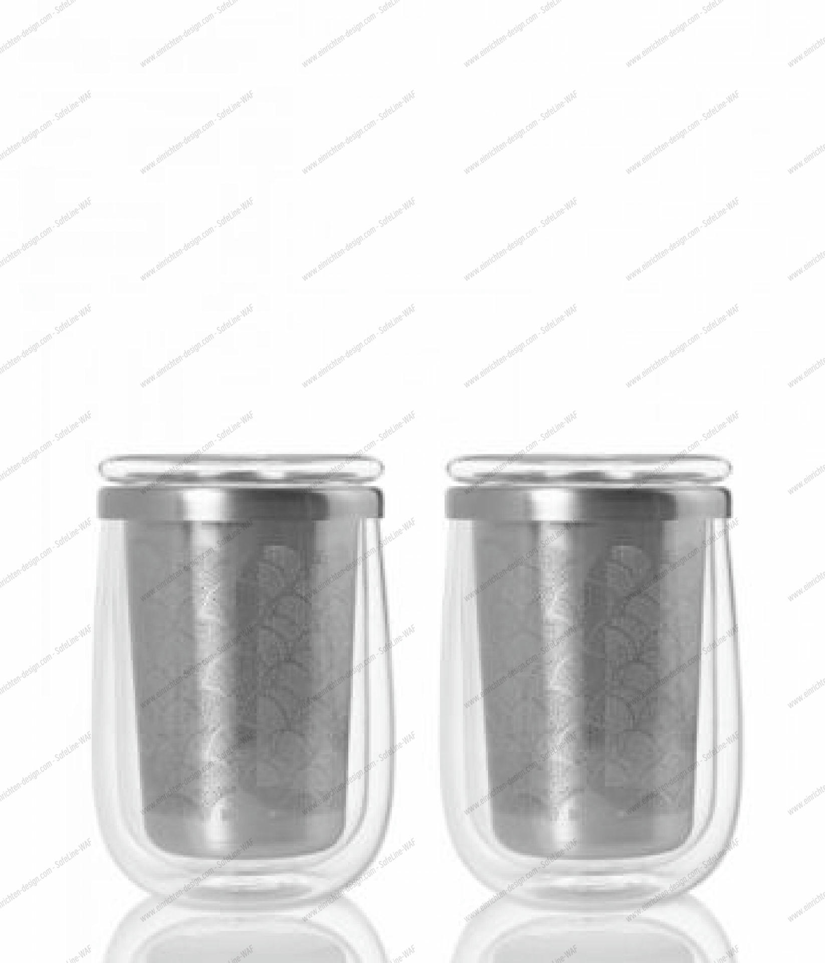 Zwei Teegläser mit Teefilter von AdHoc Fusion Glass, doppelwandig, für aromatischen Teegenuss, isolierend und stilvoll.