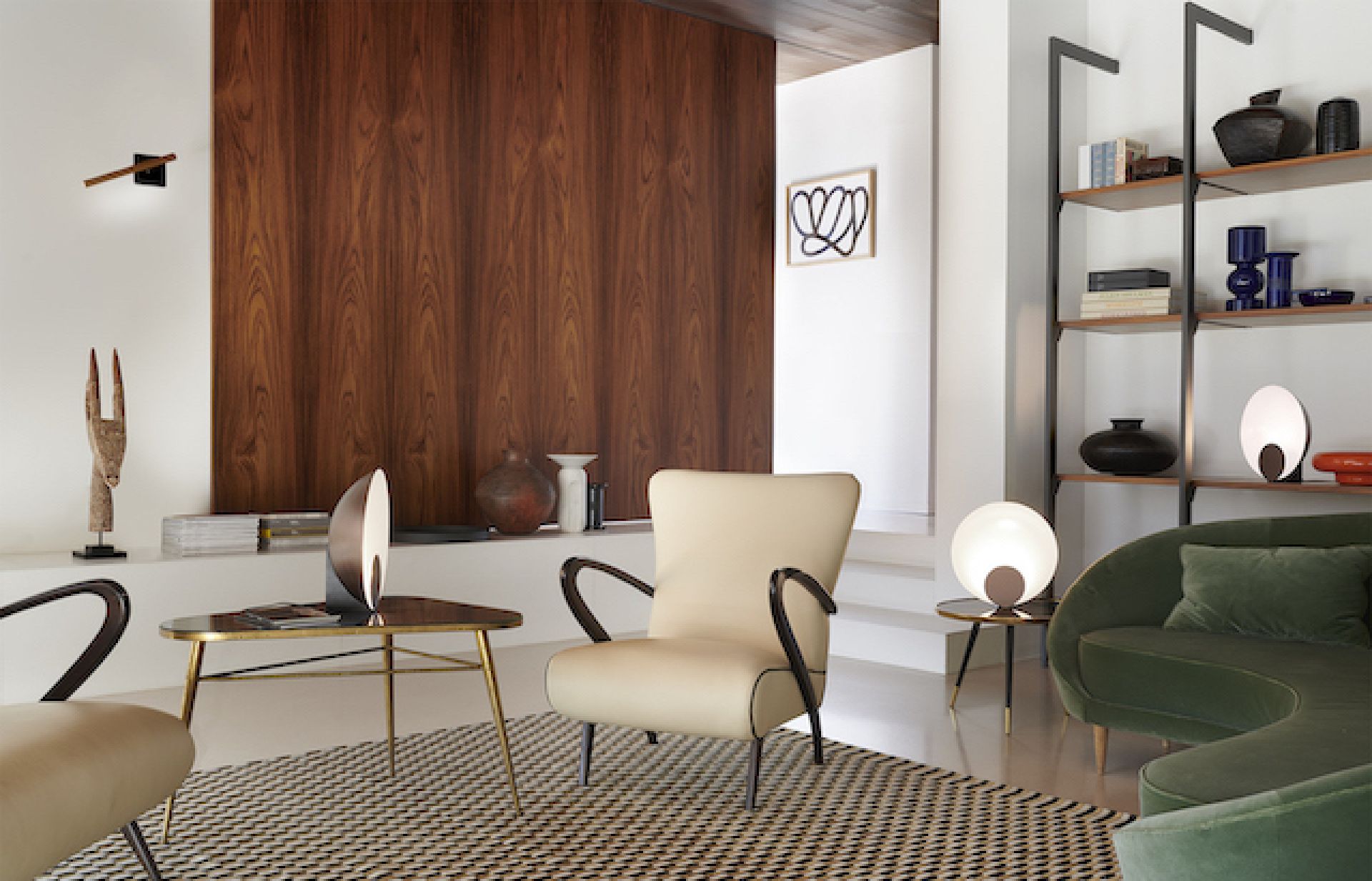 Siro Tischleuchte von Oluce, mattschwarz und satin bronze, in einem stilvollen Wohnzimmer.