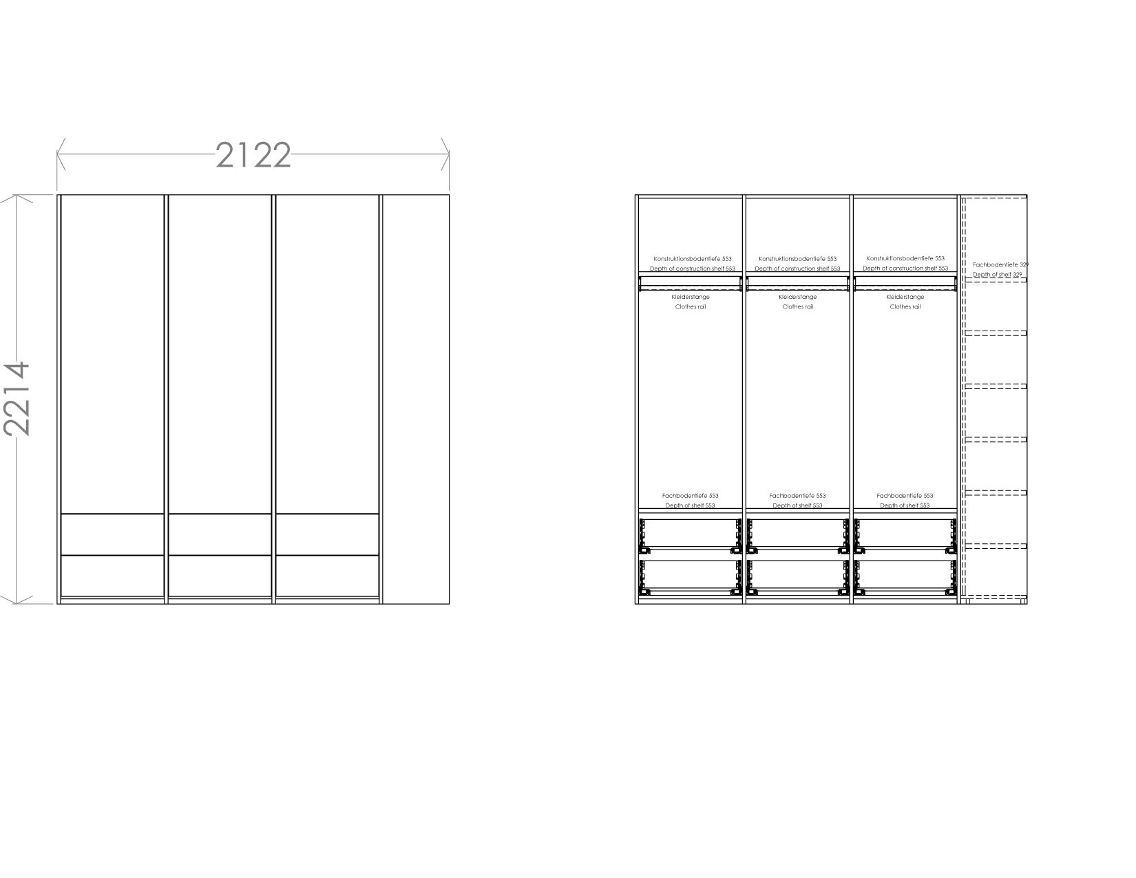MODULAR PLUS wardrobe combination with add-on shelf right W 212.2 cm Müller Möbelwerkstätten