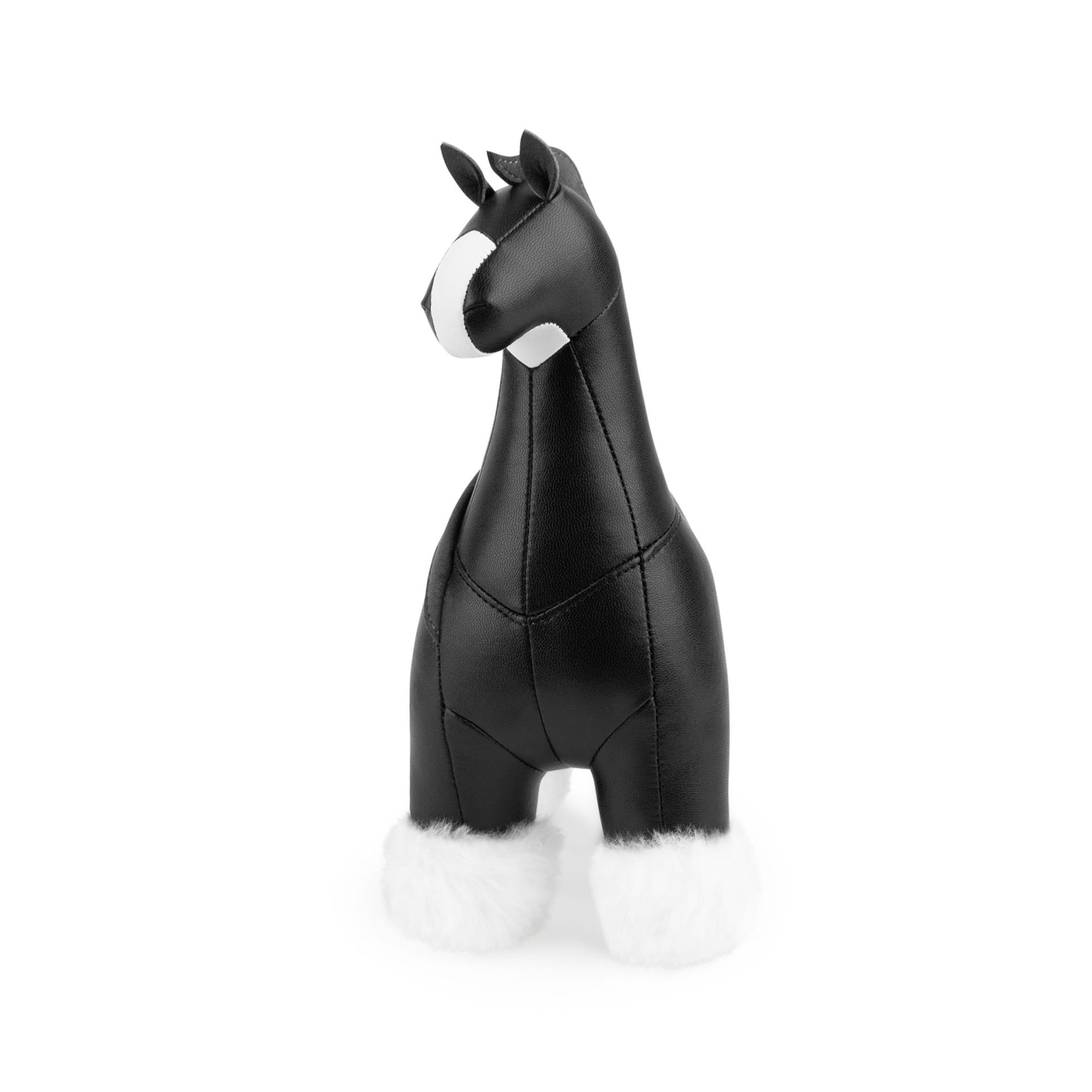 Schwarze Shire Pferd Buchstütze von Züny, dekorative Tierfigur mit weißen Akzenten und weichen Fesselbehang.