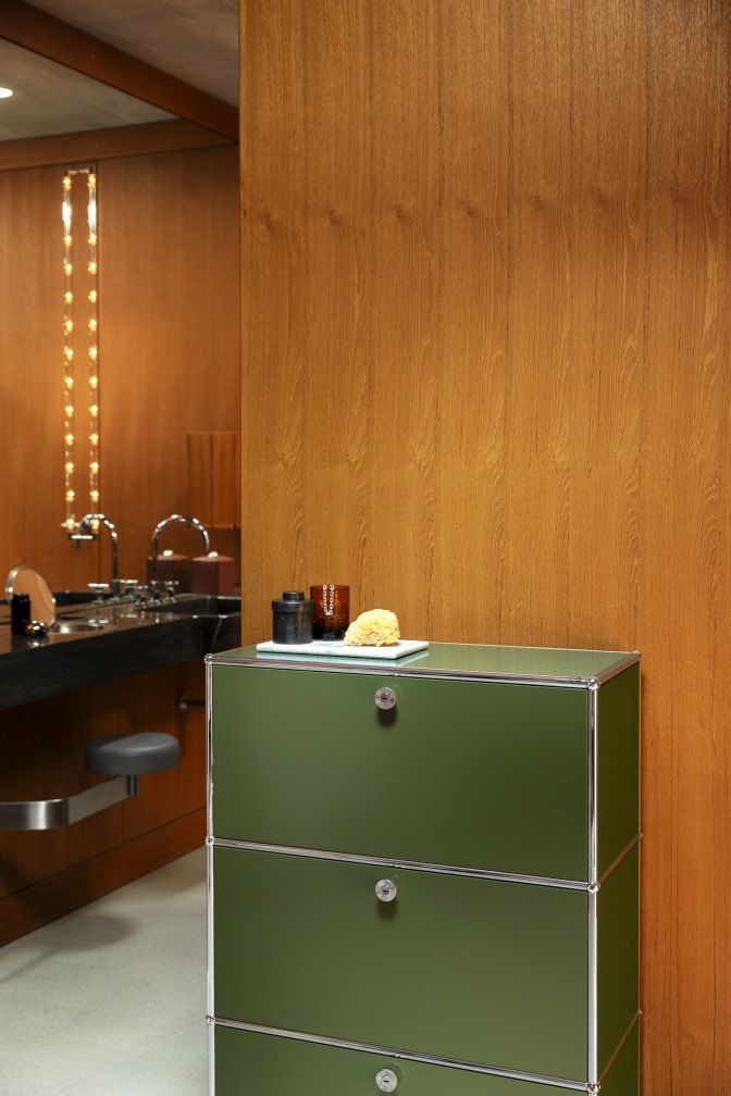 USM Haller highboard with three hinged doors olive green NEW STANDARD COLOUR 