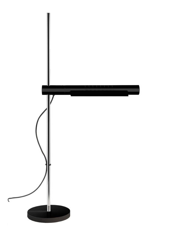 Moderne LED Stehlampe in Schwarz und Silber mit rundem Fuß für Wohnzimmer und Büro.