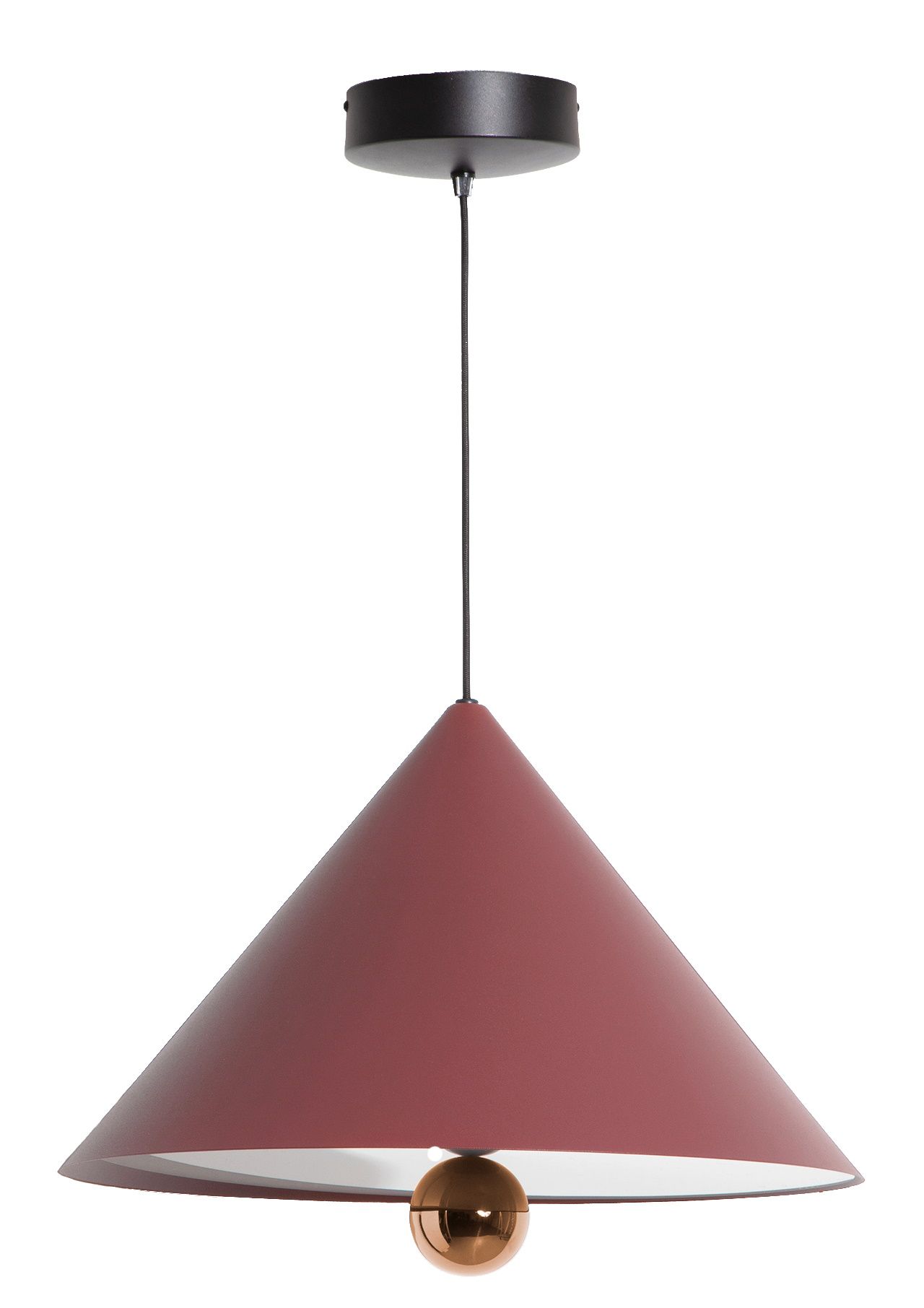 Cherry Pendelleuchte von Petite Friture in Braunrot, Kegelform mit goldener Kugel.