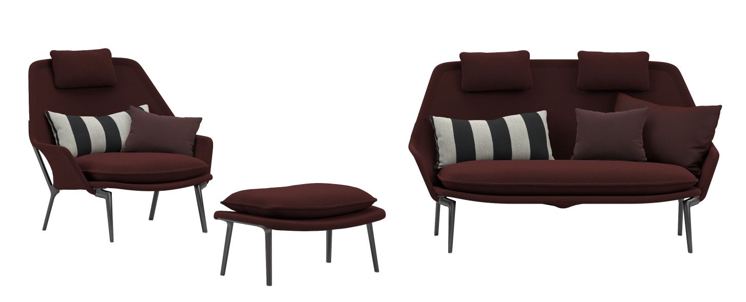 Vitra Slow Sofa und Sessel in bordeauxrotem Stoff mit Fußhocker und Kissen.