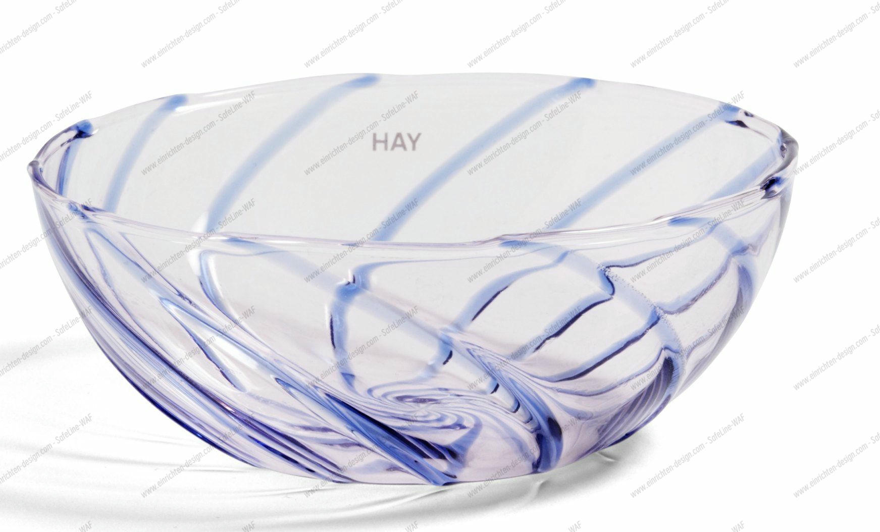 HAY Spin Bowl Schüssel, hellrosa Glas mit blauen Streifen, dekorative Glasschale für Obst oder Salate.