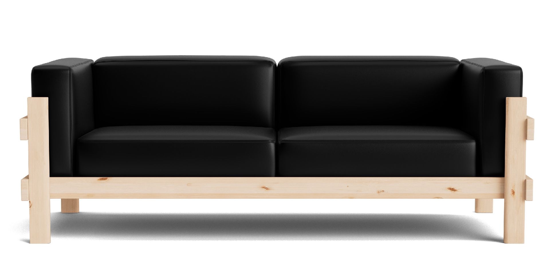 Kube Sofa von Normann Copenhagen, schwarzes Ledersofa mit hellem Holzrahmen, modernes Wohnzimmermöbel.
