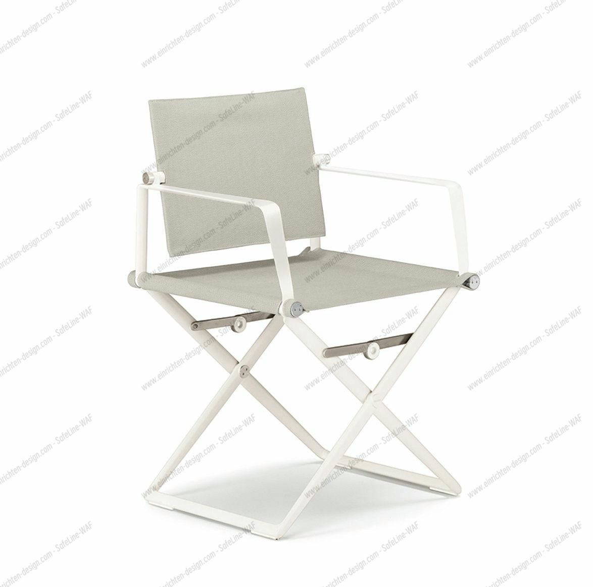 SeaX Armchair von Dedon: Moderner Armlehnstuhl mit weißem Gestell und grauem Textilbezug.