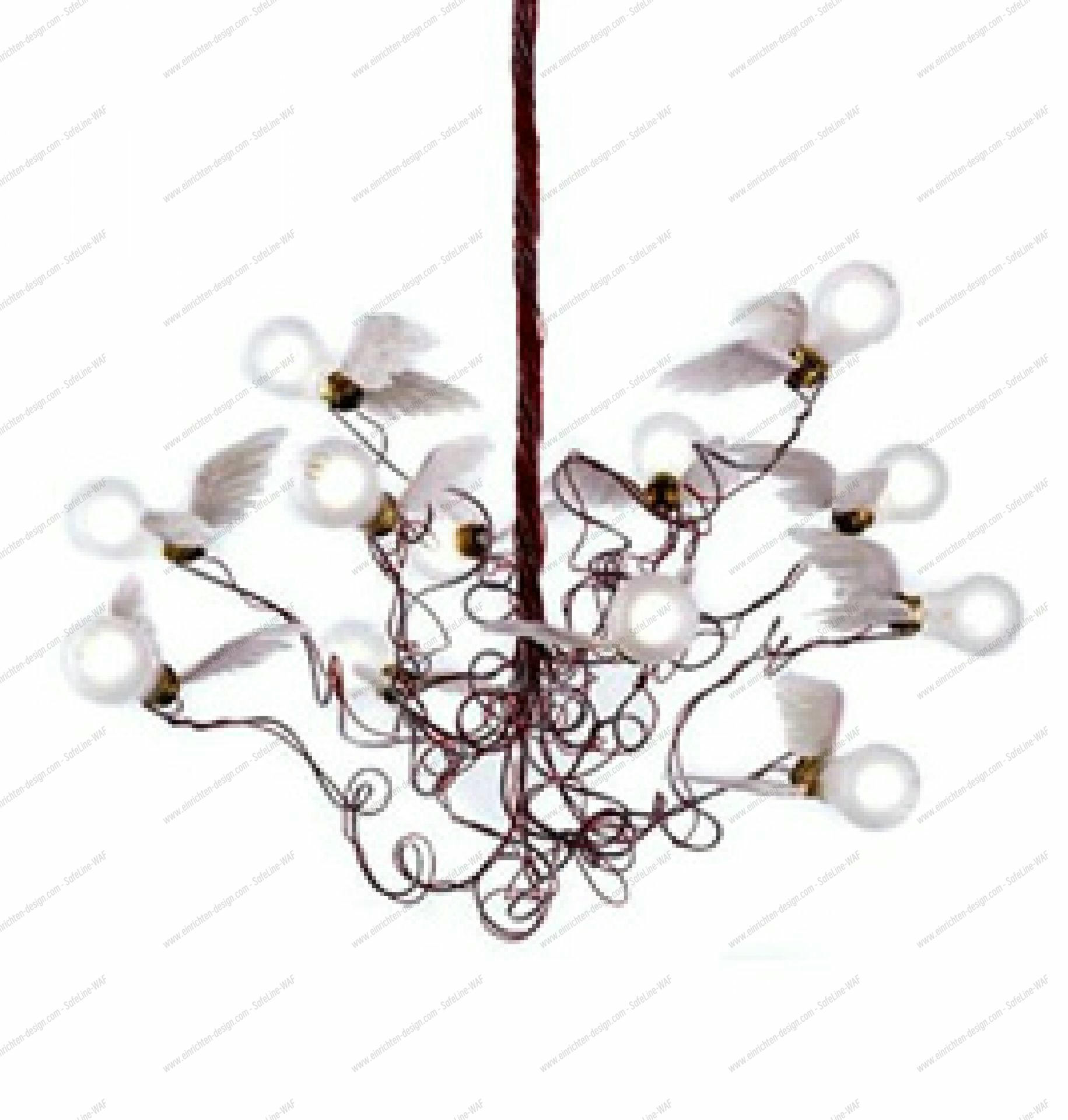 Roter Birdie LED Kronleuchter von Ingo Maurer: Design Lampe mit geflügelten Glühbirnen für Wohnzimmer.