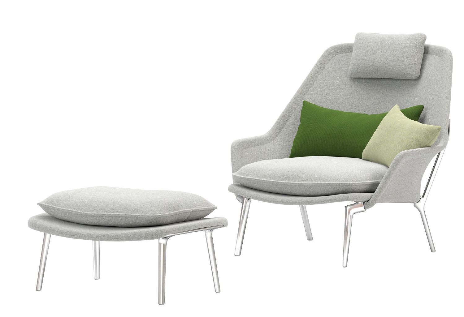 Vitra Slow Chair Sessel mit Ottoman in grauem Stoff und grünen Kissen.