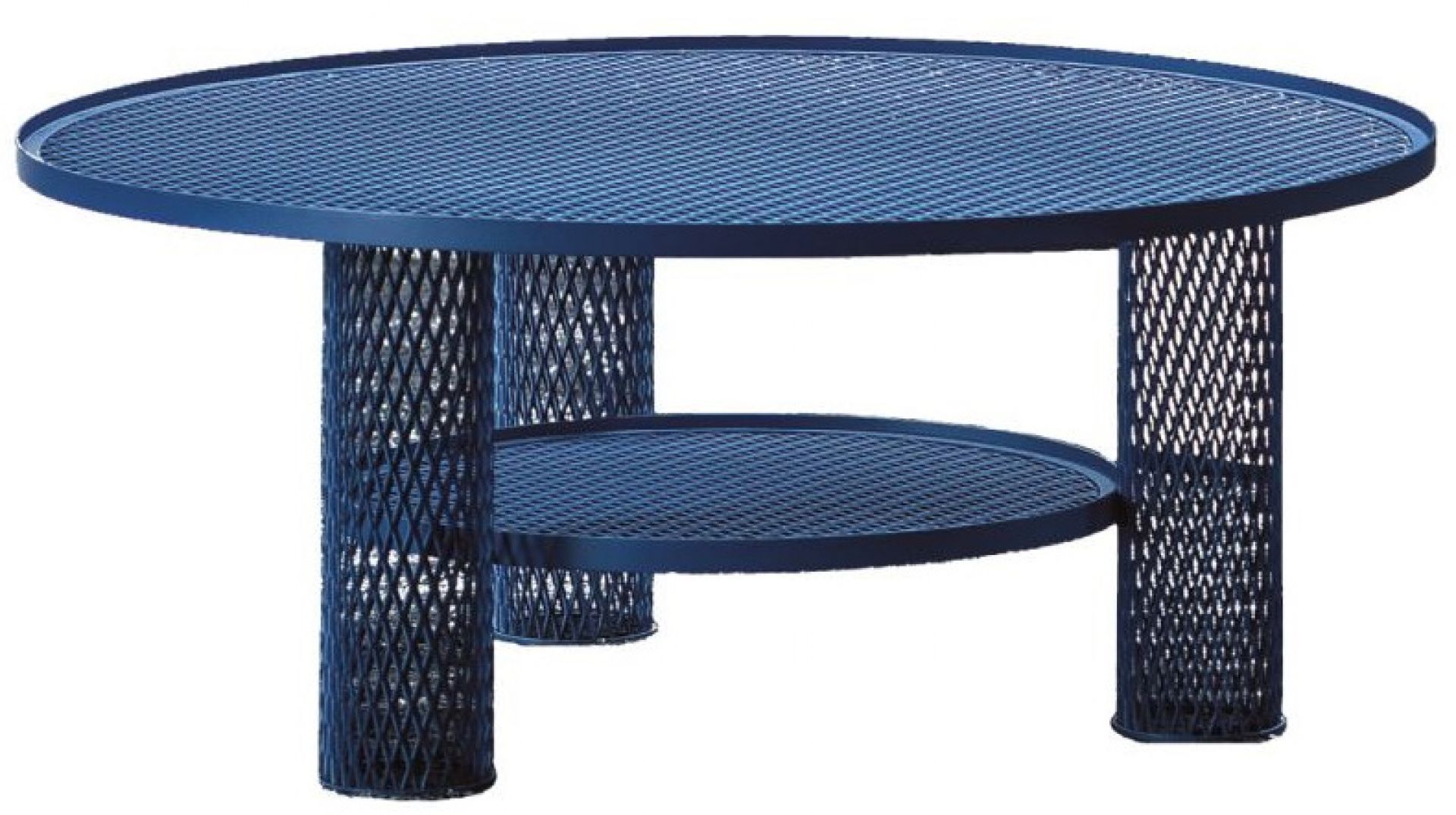 Net Beistelltisch von Moroso, große Ausführung in tintenblau. Moderner runder Beistelltisch mit Ablage.