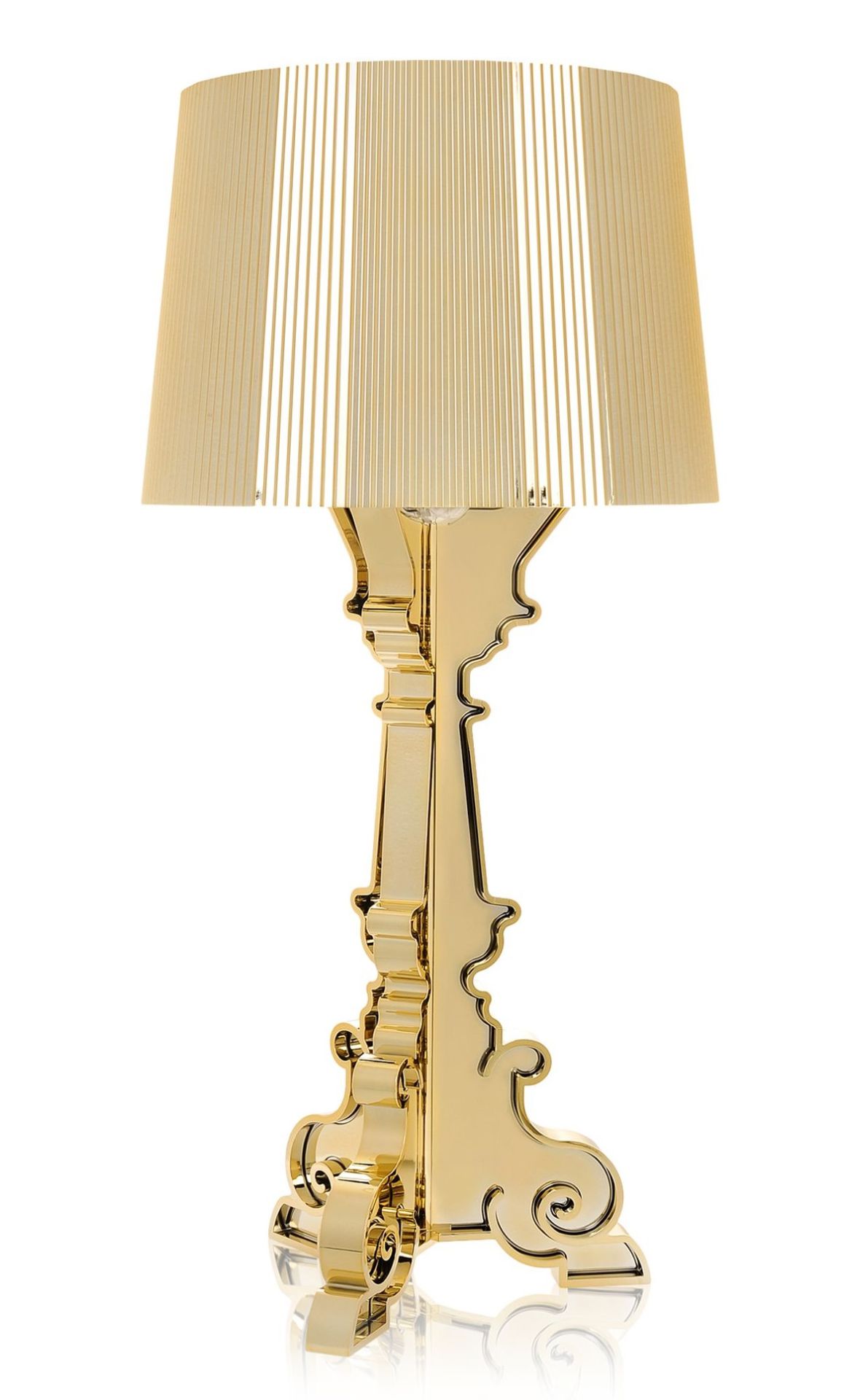Nahaufnahme der goldenen Bourgie Tischleuchte von Kartell mit plissiertem Lampenschirm und dekorativem Sockel.