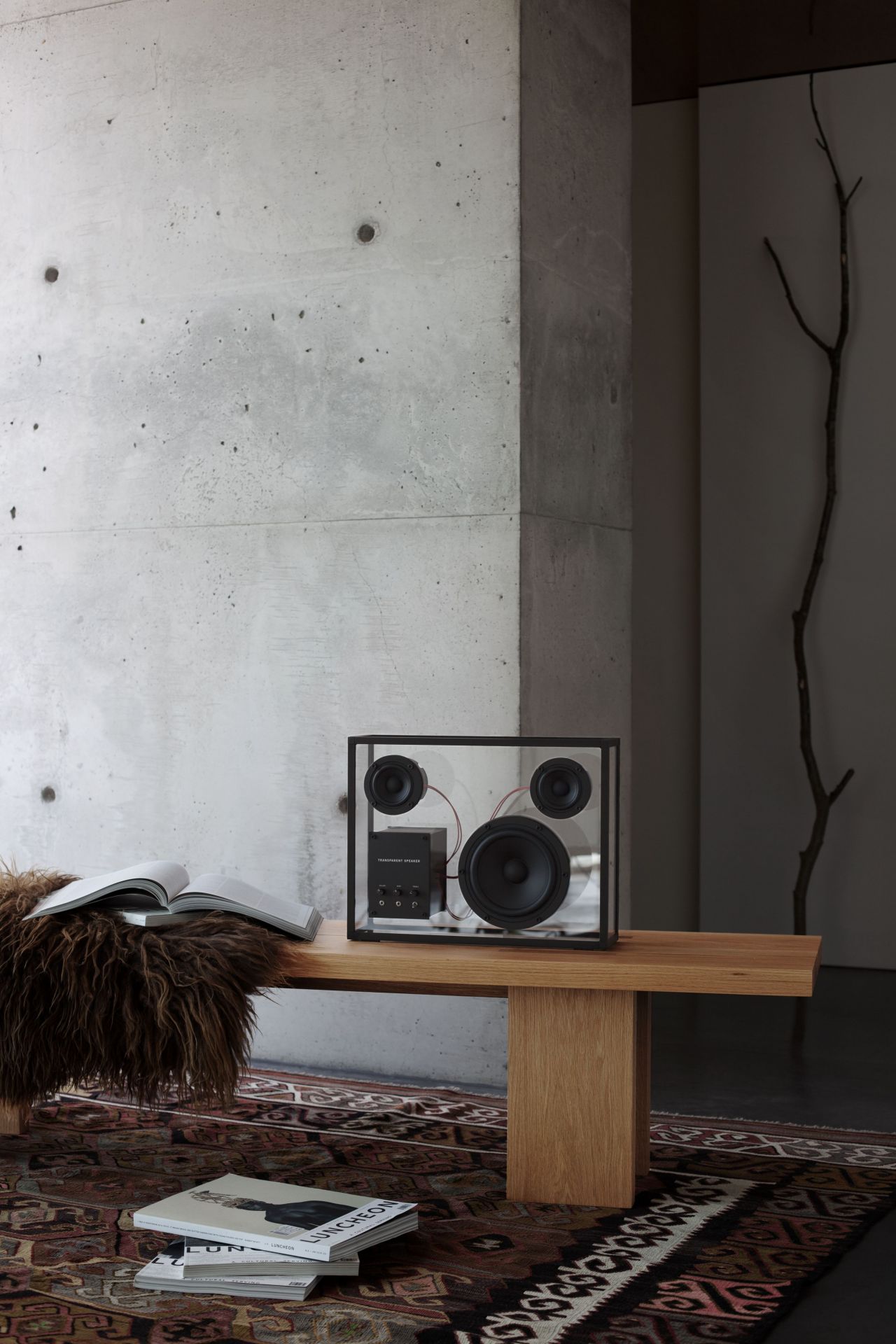 Transparent loudspeaker black with red cables Transparent