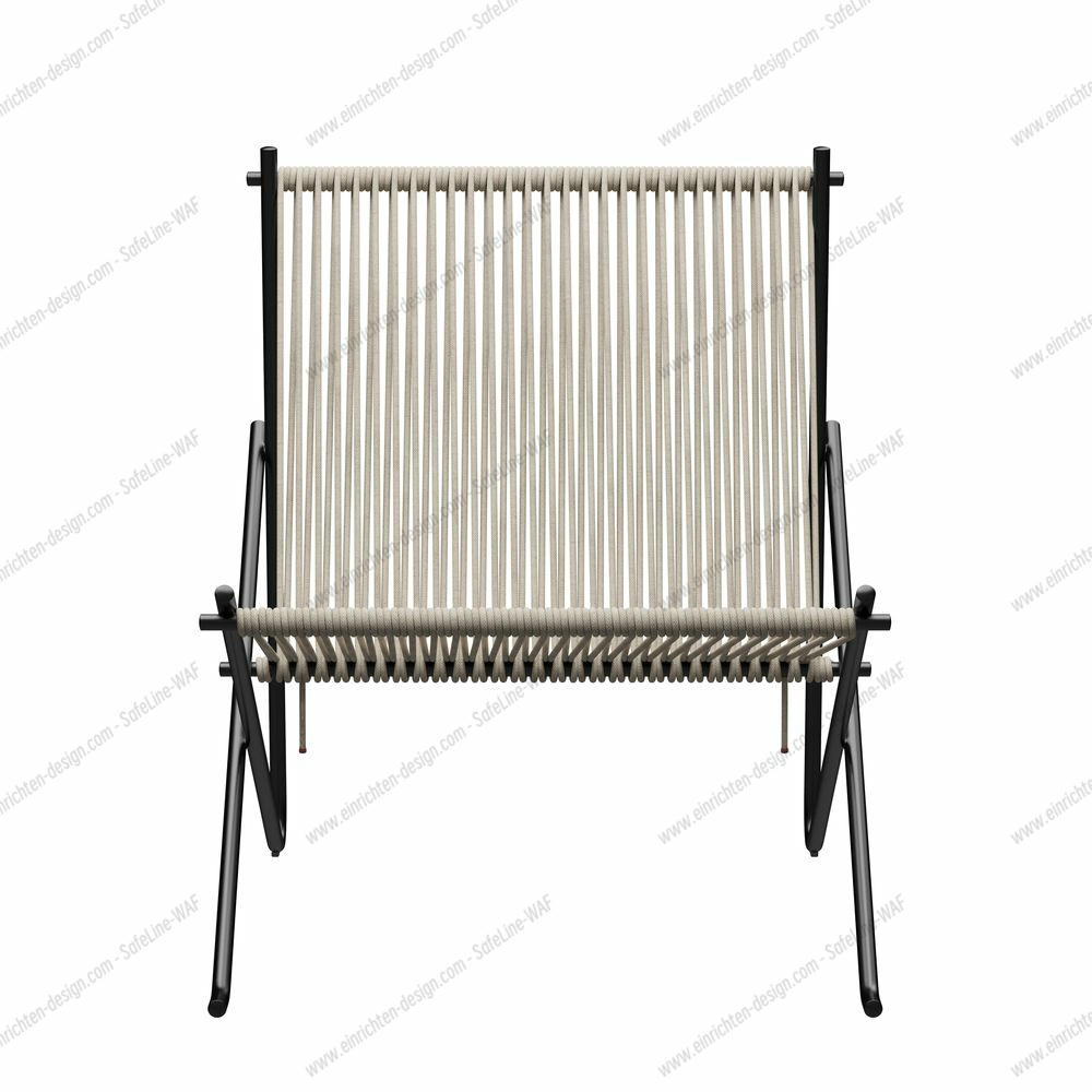 Fritz Hansen PK4 Lounge Chair mit pulverbeschichtetem Gestell und Naturfaser-Bespannung, Frontansicht.