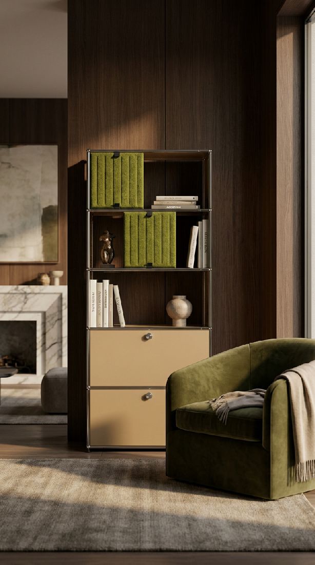 USM Haller shelving unit with Soft Panels M69 Pure White-Taupe