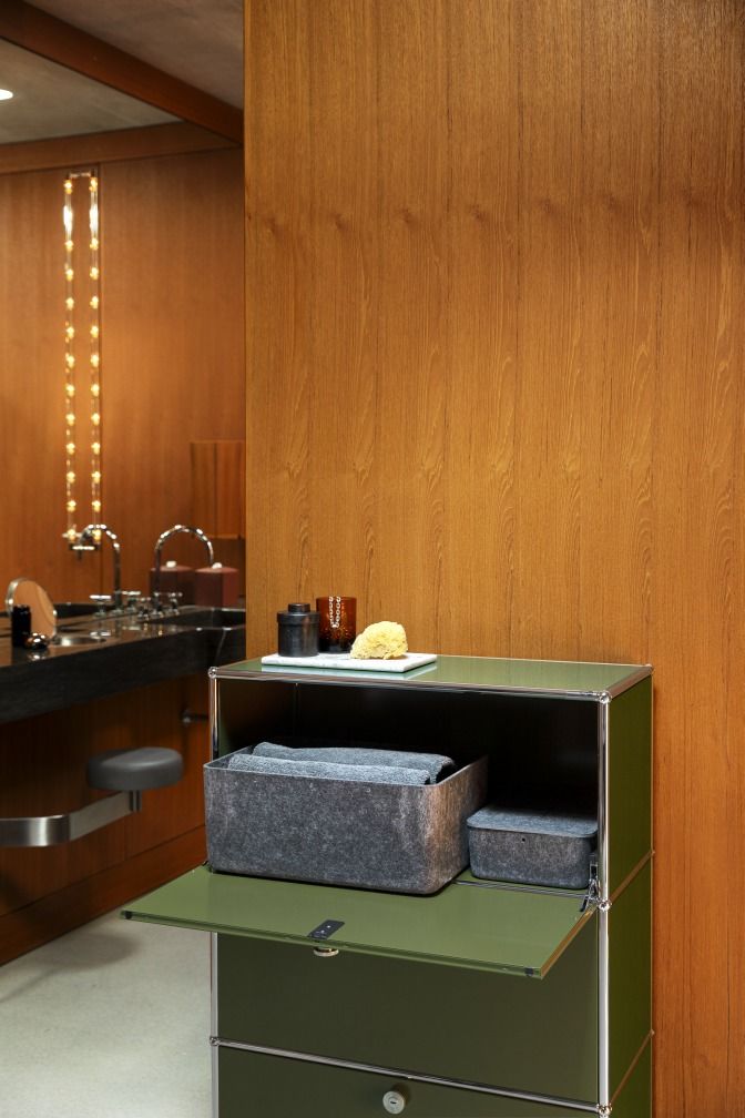 USM Haller highboard with three hinged doors olive green NEW STANDARD COLOUR 
