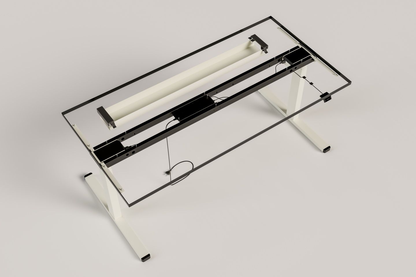 Detailaufnahme des Palmberg PiD Sitz-Stehtisch-Gestells in Weiß und Schwarz, höhenverstellbar für ergonomisches Arbeiten.