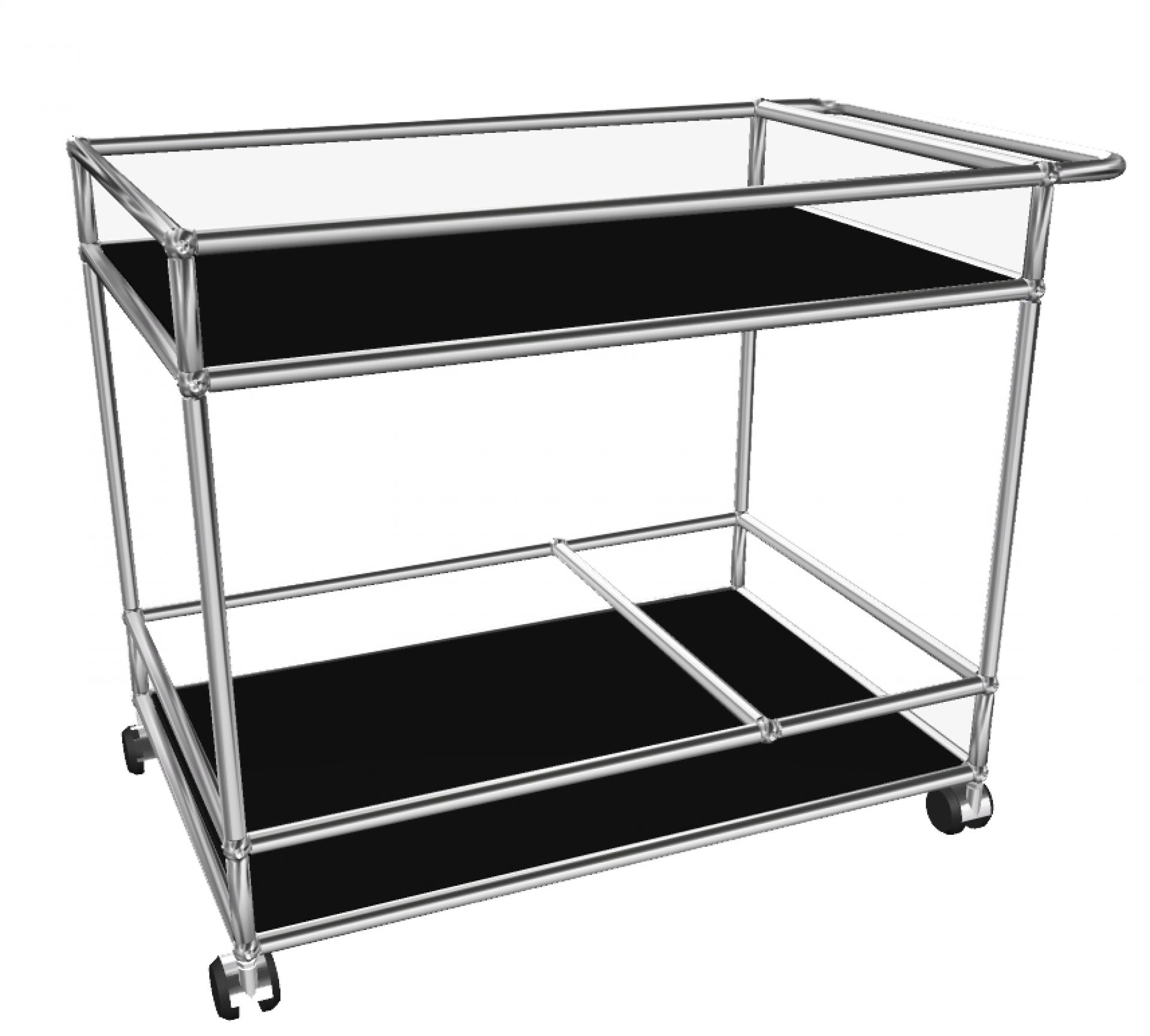 USM Haller Servierwagen in Schwarz mit zwei Ablageflächen und Rollen für den flexiblen Einsatz.