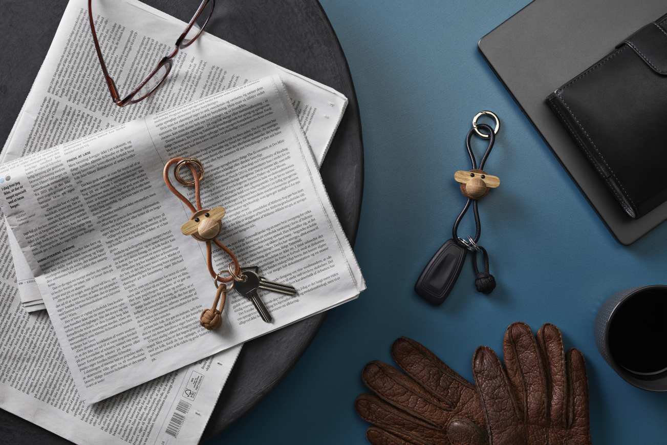 Monkey key ring silver coloured metal with black leather Kay Bojesen