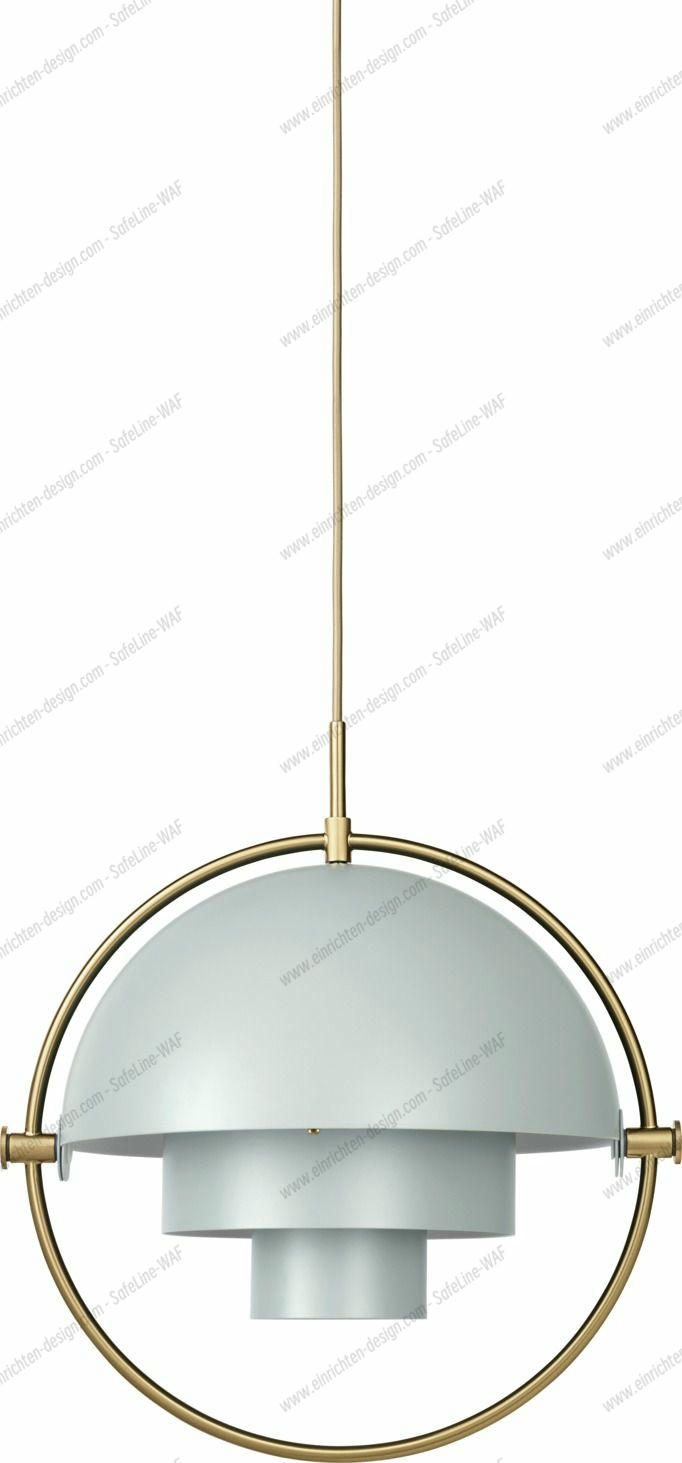 Gubi Multi-Lite Pendelleuchte in See Grau und Messing, moderne Hängelampe für Wohnraumbeleuchtung.