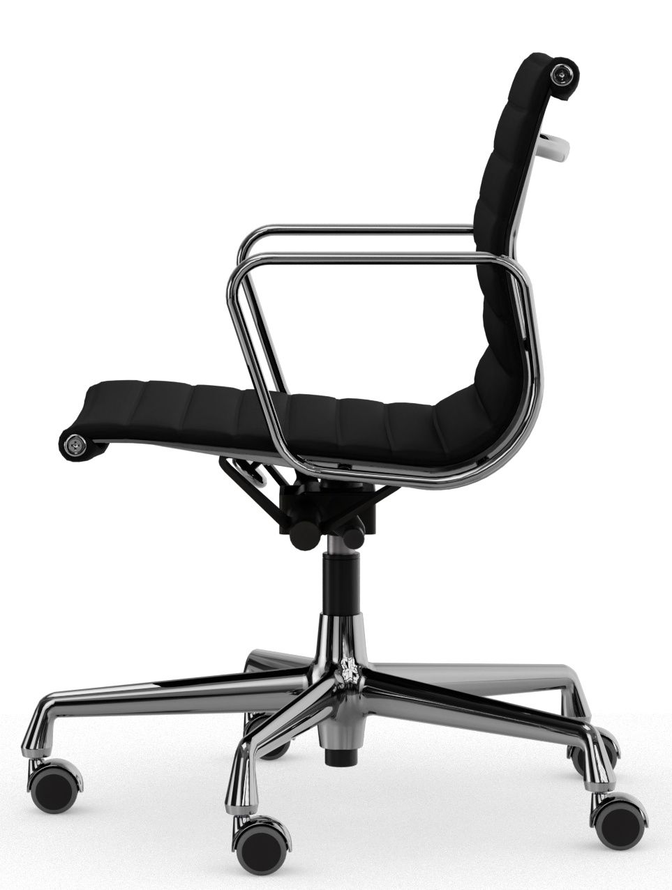 Vitra Aluminium Chair EA 118 in Schwarz Leder Premium, Bürostuhl mit Armlehnen und Rollen.