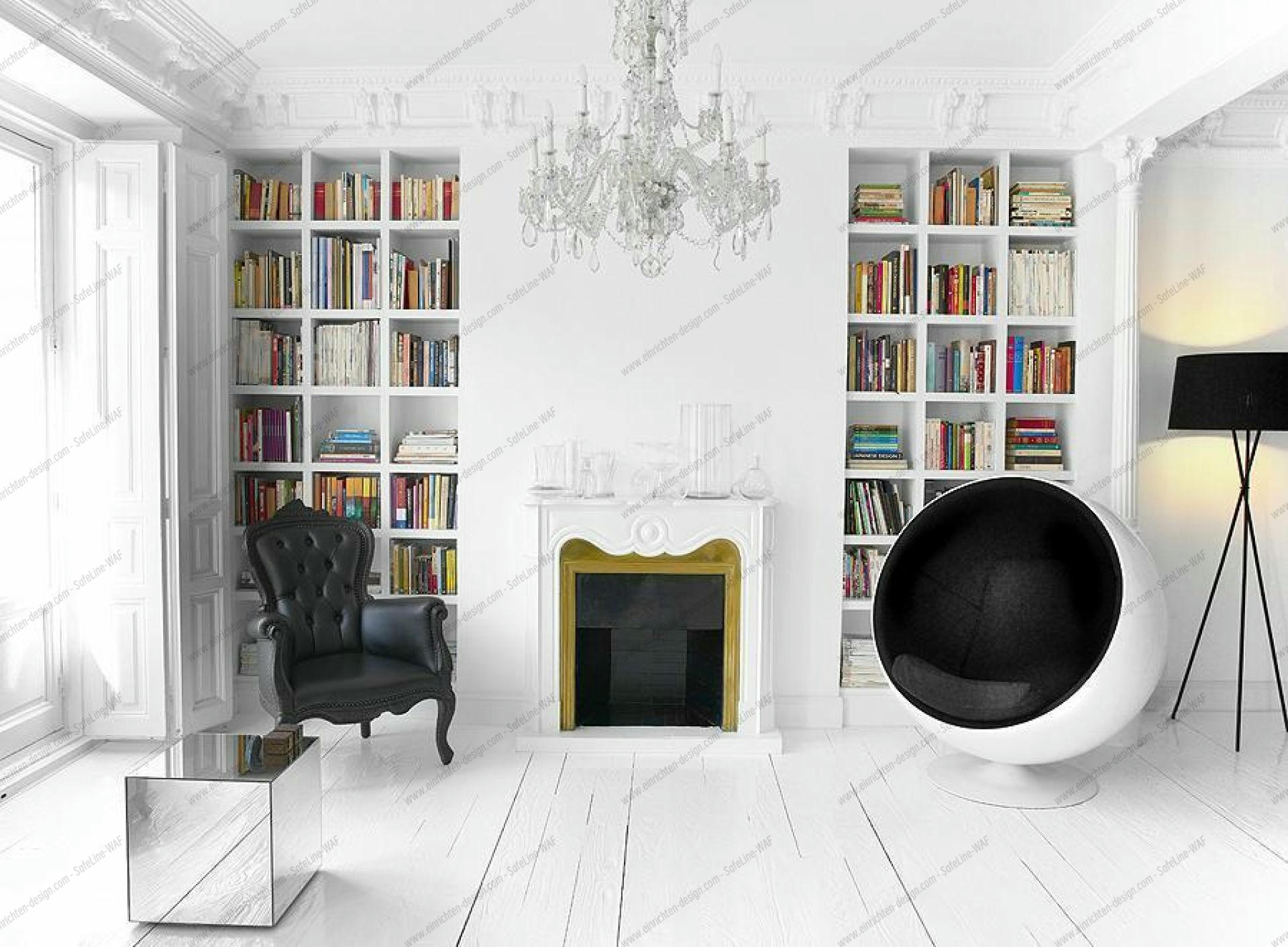 Grauer Ball Chair Sessel in weißem Wohnzimmer mit Bücherregalen und Kamin. Designklassiker von Eero Aarnio.
