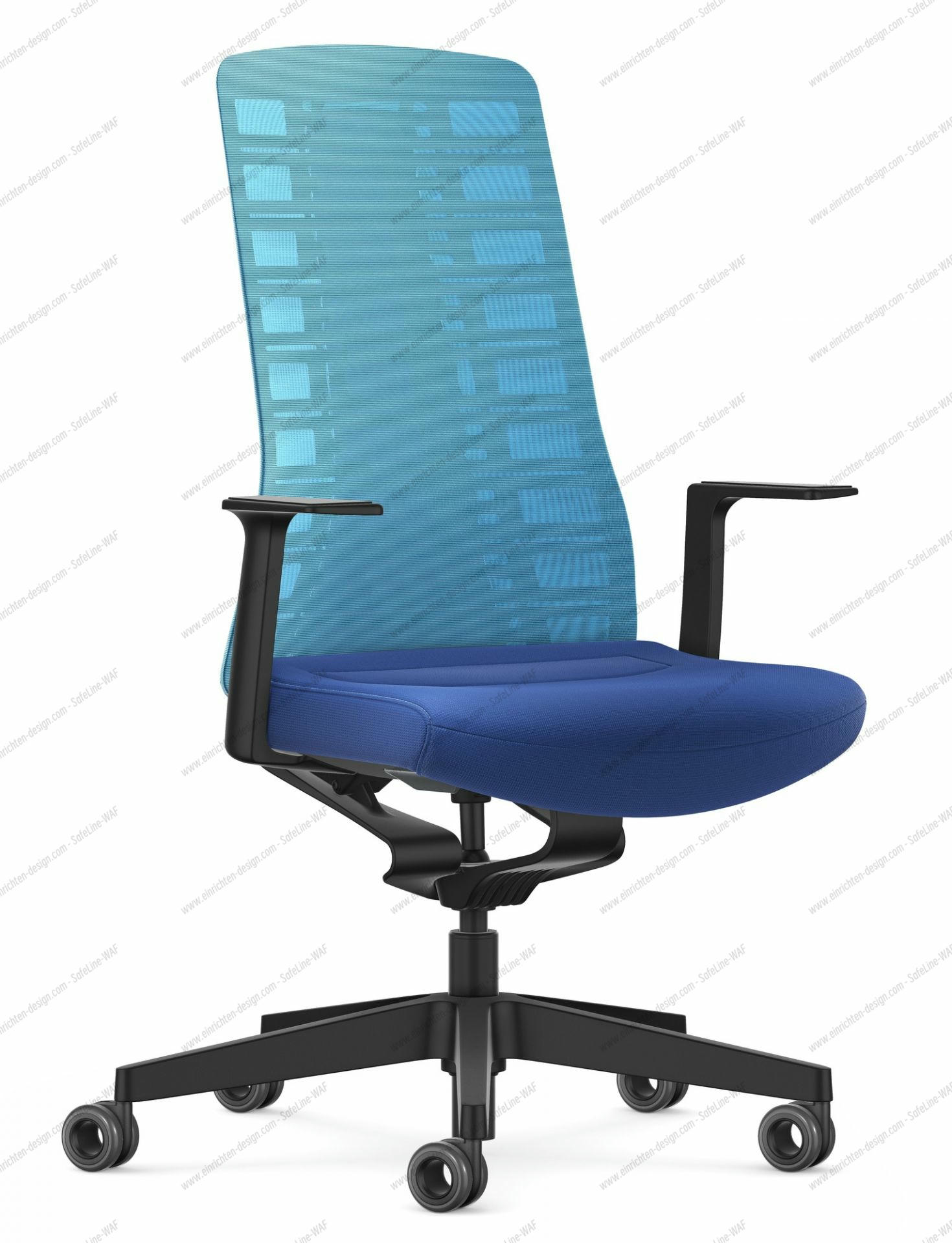 Hellblau-blauer Interstuhl Bürostuhl mit Netzrückenlehne und schwarzen Armlehnen. Ergonomischer Drehstuhl für das Büro.
