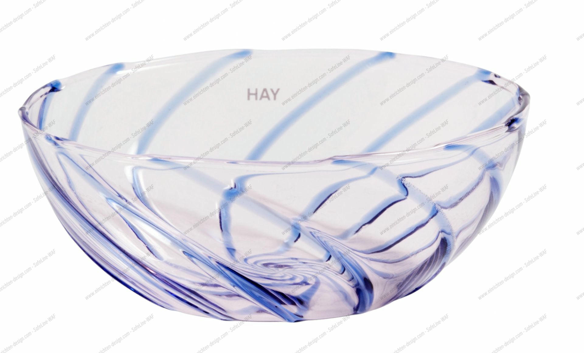 HAY Spin Bowl Schüssel, hellrosa Glas mit blauen Streifen, dekorative Salatschüssel oder Obstschale.