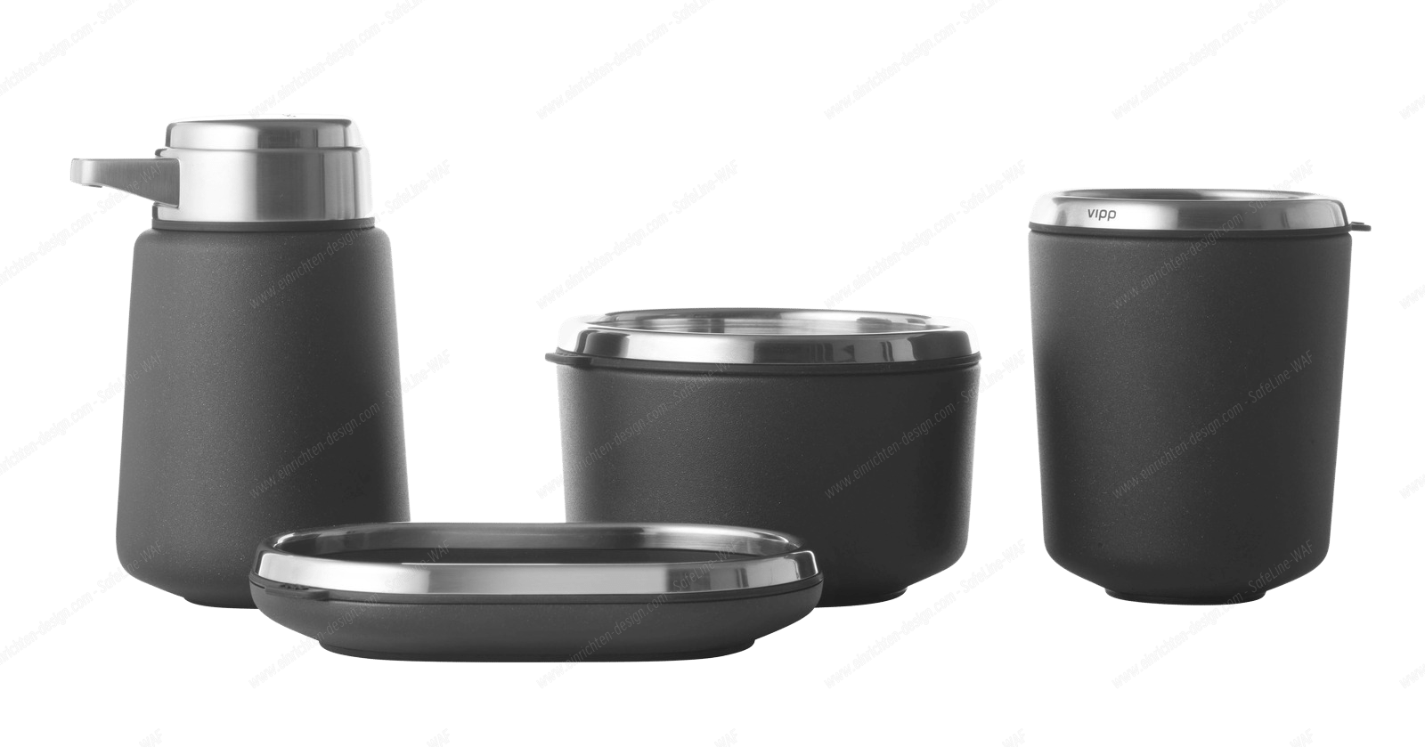 Vipp Bad-Accessoires Set in Grau: Seifenspender, Zahnbürstenhalter, Seifenschale und Behälter für Badezimmer.