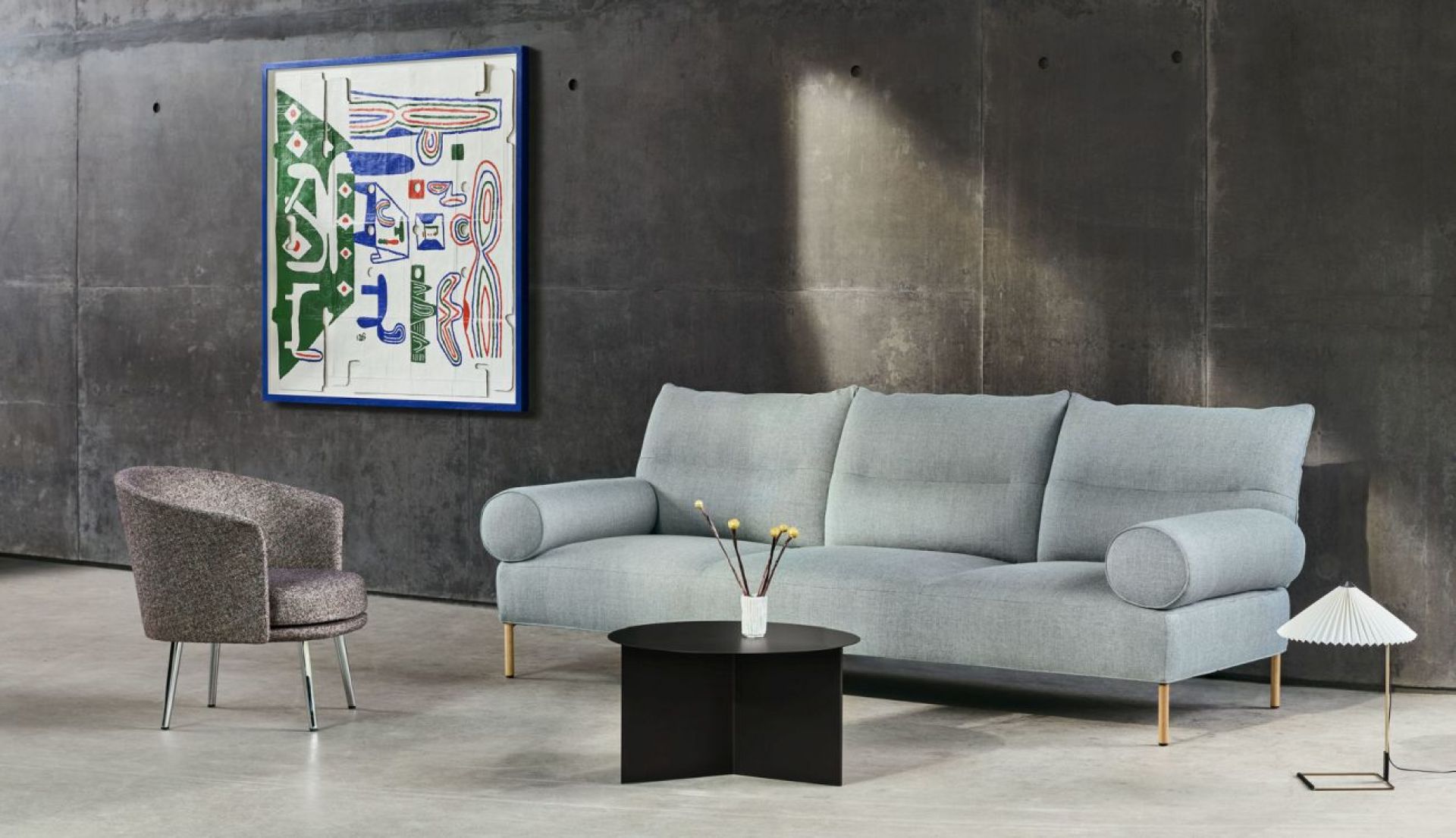 Pandarine 3 seater sofa with cylindrical armrests Re-wool 828 / oak oiled Hay