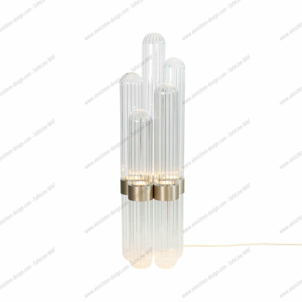 Cactus Stehleuchte mit transparenten Glasstäben und Messingdetails, moderne LED-Beleuchtung für Wohnräume.