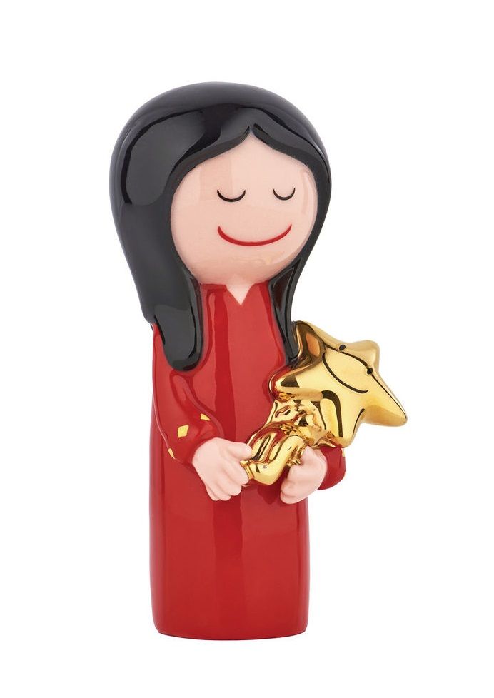 Alessi Figlio delle stelle Porzellanfigur: Mädchen in rotem Kleid hält goldenen Stern, festliche Weihnachtsdekoration.